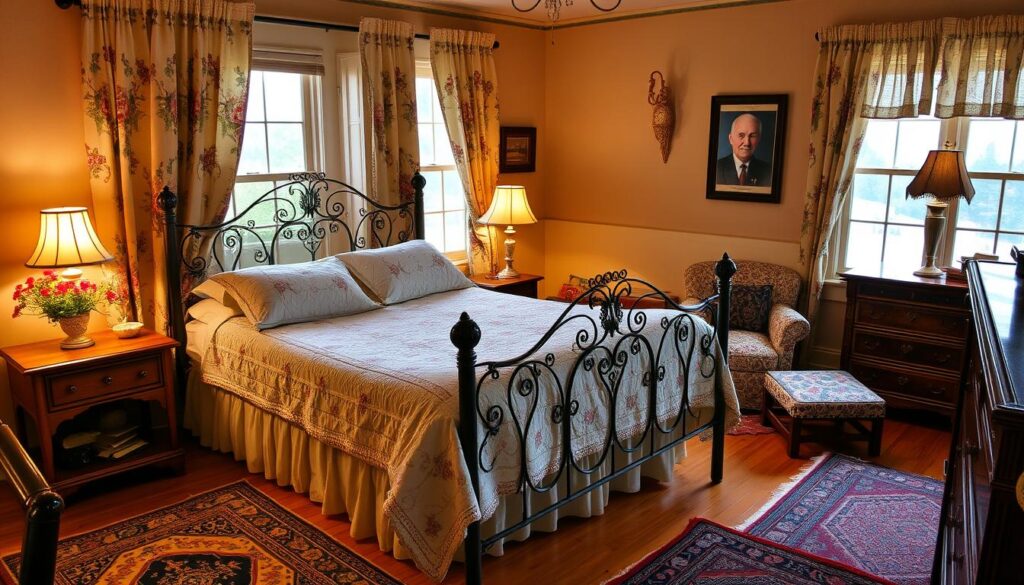 A cozy, well-appointed bedroom in a charming bed and breakfast nestled in the lush, rolling hills of the Smoky Mountains. Warm, inviting light filters through floral-patterned curtains, casting a soft glow on the plush, hand-stitched quilt adorning the ornate wrought-iron bed frame. A rustic wooden nightstand holds a vintage lamp and a vase of freshly picked wildflowers. In the corner, a quaint armchair beckons, perfect for curling up with a good book. The hardwood floors are dotted with intricately woven area rugs, adding texture and depth. An antique dresser, its drawers slightly ajar, hints at the personalized touches that make this space feel like a true home away from home.