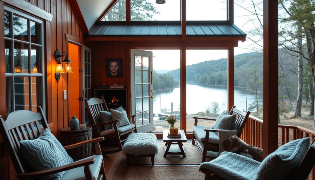 A cozy, well-appointed tiny home nestled in the lush, rolling hills of North Carolina. The exterior features warm wood paneling and a quaint porch with rocking chairs, inviting couples to unwind. Soft, natural light filters through large windows, casting a romantic glow inside the intimate living space. Tasteful decor and plush textiles create a serene, hygge-inspired ambiance. In the distance, a serene lake reflects the tranquil forest surroundings, a perfect backdrop for a peaceful couples retreat. A charming, secluded escape where nature and modern comfort converge, inspiring connection and relaxation.