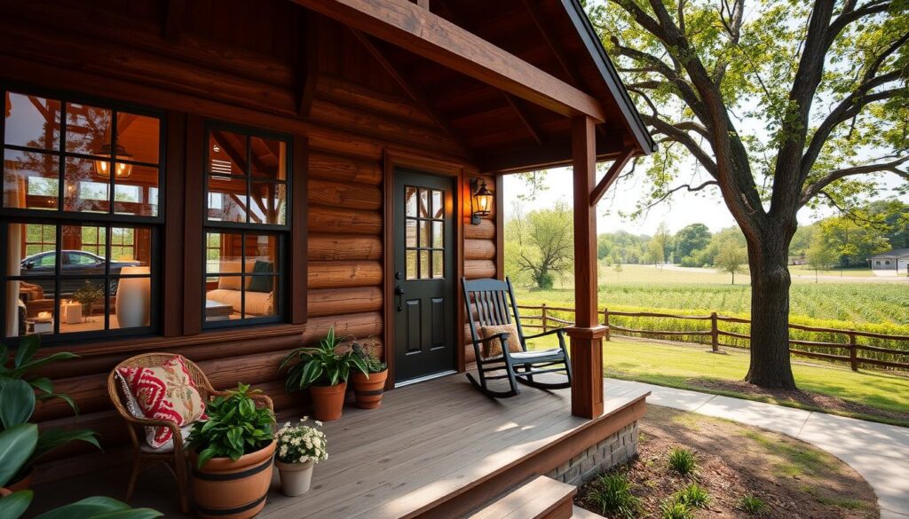 A cozy, well-appointed tiny home nestled in the serene, tree-lined streets of Nashville's peaceful neighborhoods. Warm, natural lighting filters through large windows, illuminating the rustic wood accents and plush furnishings. The spacious front porch, decorated with potted plants and rocking chairs, offers a welcoming respite from the city's hustle and bustle. In the background, a lush, verdant landscape creates a soothing, pastoral atmosphere, inviting guests to unwind and savor the tranquility of this unique vacation rental.