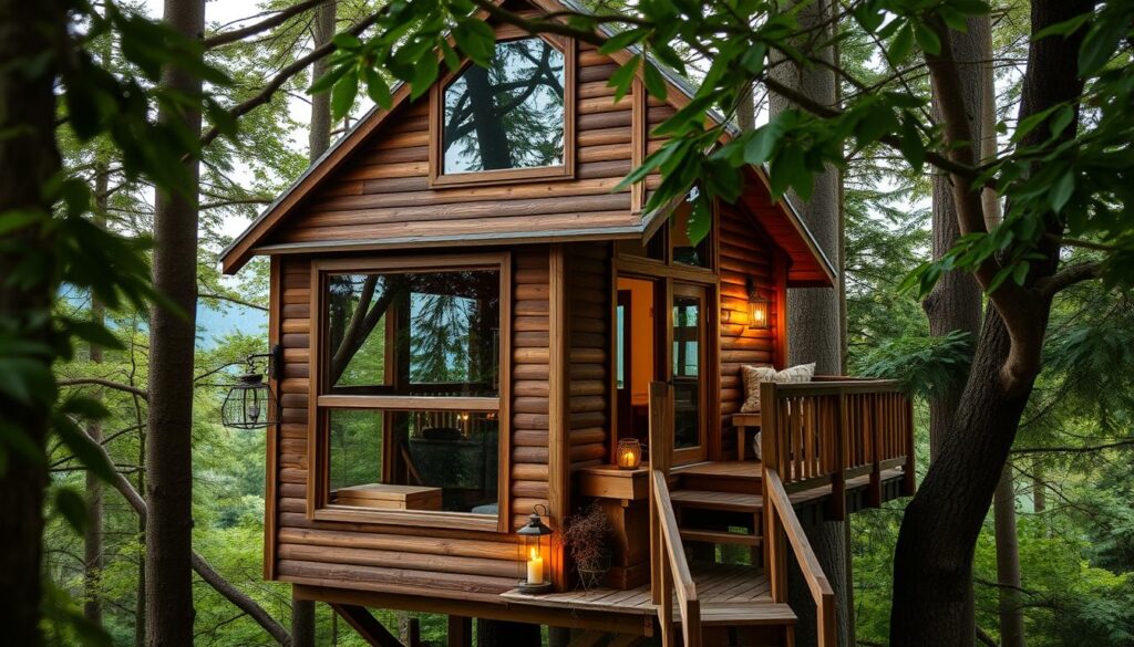 A cozy, well-crafted treehouse nestled amidst the lush, verdant forest of the Olympic Peninsula. The structure features a sturdy wooden frame, with an intricate pattern of planks and beams that give it a rustic, hand-built aesthetic. Large windows allow natural light to flood the interior, creating a warm and inviting atmosphere. A charming balcony protrudes from the side, offering sweeping views of the surrounding treetops and the distant mountains. Soft, diffused lighting from lanterns and candles casts a gentle glow, evoking a sense of tranquility and escape. The treehouse is seamlessly integrated into the natural environment, blending harmoniously with the earthy tones and textures of the forest.