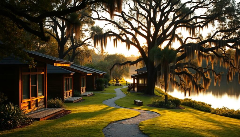 A cozy, well-equipped retreat center nestled in the lush, verdant landscape of Central Florida. The foreground features a cluster of rustic, timber-framed cabins with large windows, inviting visitors to find peace and solitude within. In the middle ground, a winding path leads to a tranquil meditation garden, surrounded by towering oak trees draped in Spanish moss. The background showcases the serene lake, its mirrored surface reflecting the warm, golden hues of the setting sun. The lighting is soft and diffused, creating a calming, contemplative atmosphere. The composition is shot from a slightly elevated angle, capturing the harmonious integration of the built environment and the natural world.