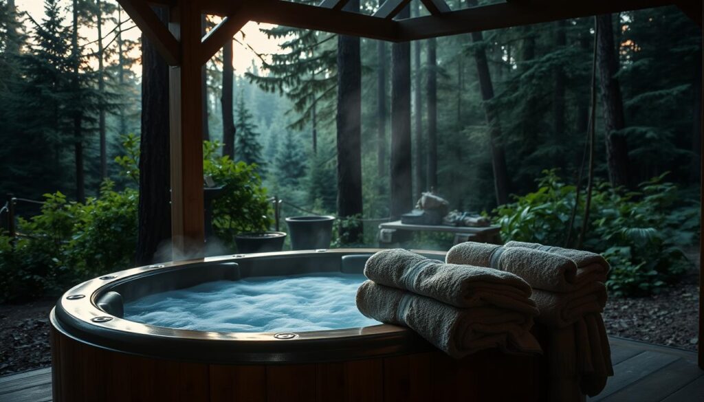 A cozy, well-lit hot tub nestled in a serene, wooded landscape. The tub is made of natural wood with a rustic, earthy aesthetic, steam gently rising from the bubbling water. Lush greenery and tall trees surround the tub, creating a sense of privacy and tranquility. The lighting is soft and warm, casting a romantic glow over the scene. The camera angle is slightly elevated, allowing the viewer to appreciate the peaceful, intimate setting, perfect for a couples' getaway. Plush towels and robes are folded neatly nearby, inviting relaxation and indulgence.