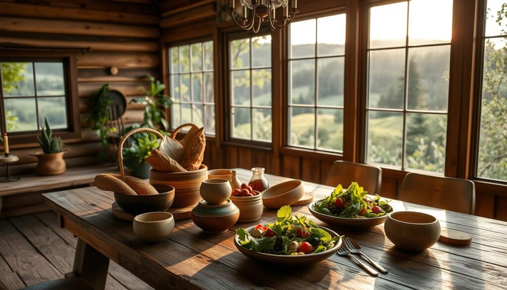 A cozy, well-lit wooden cottage nestled among lush greenery, with a rustic dining table set with locally-sourced, seasonal ingredients. The tabletop is adorned with earthy ceramics, artisanal breads, and a vibrant salad made from farm-fresh produce. Soft, natural light filters in through large windows, casting a warm glow on the scene. In the background, a scenic view of rolling hills and a tranquil forest creates a serene, rejuvenating atmosphere. The overall mood is one of mindful nourishment and connection to the land, inviting the viewer to savor the moment and appreciate the simple pleasures of a wellness-focused, locally-sourced dining experience.