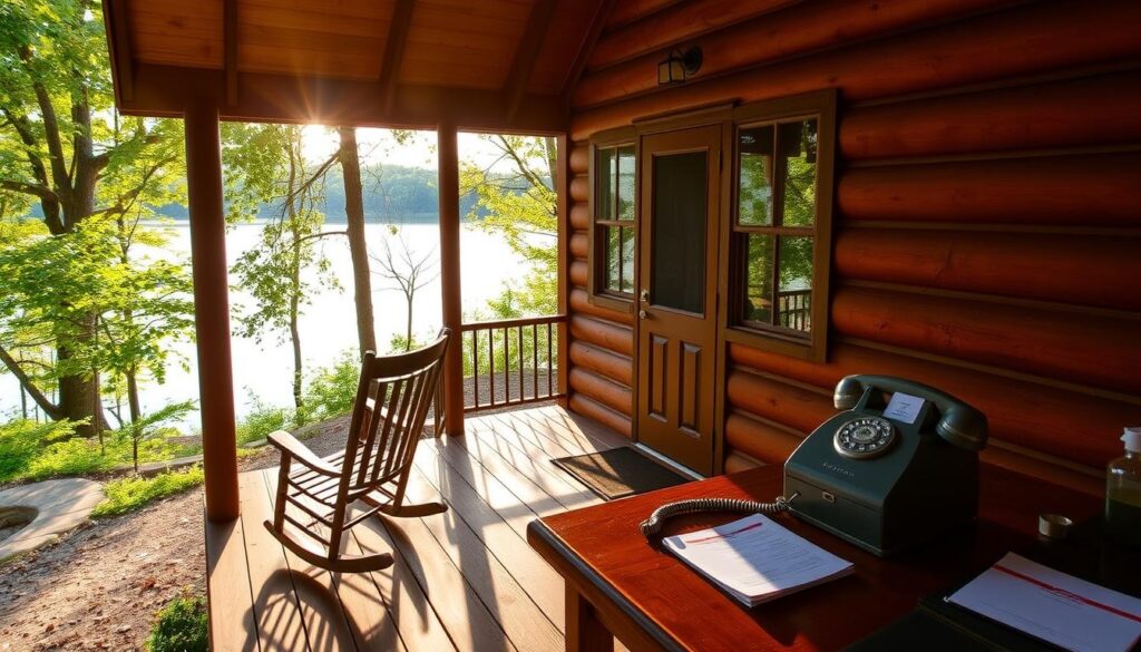A cozy wooden cabin nestled in the lush greenery of Alabama's Black Belt region. The front porch offers a tranquil view of a serene lake, with a pair of rocking chairs inviting guests to sit and savor the peaceful atmosphere. Sunlight filters through the trees, casting a warm, golden glow on the cabin's rustic exterior. Inside, a neatly organized desk stands ready, equipped with a vintage-inspired telephone and a small stack of papers, hinting at the process of booking an unforgettable stay. The overall scene conveys a sense of comfort, simplicity, and connection with the natural surroundings, perfectly capturing the essence of an "Unplugged Retreat" in this enchanting corner of Alabama.