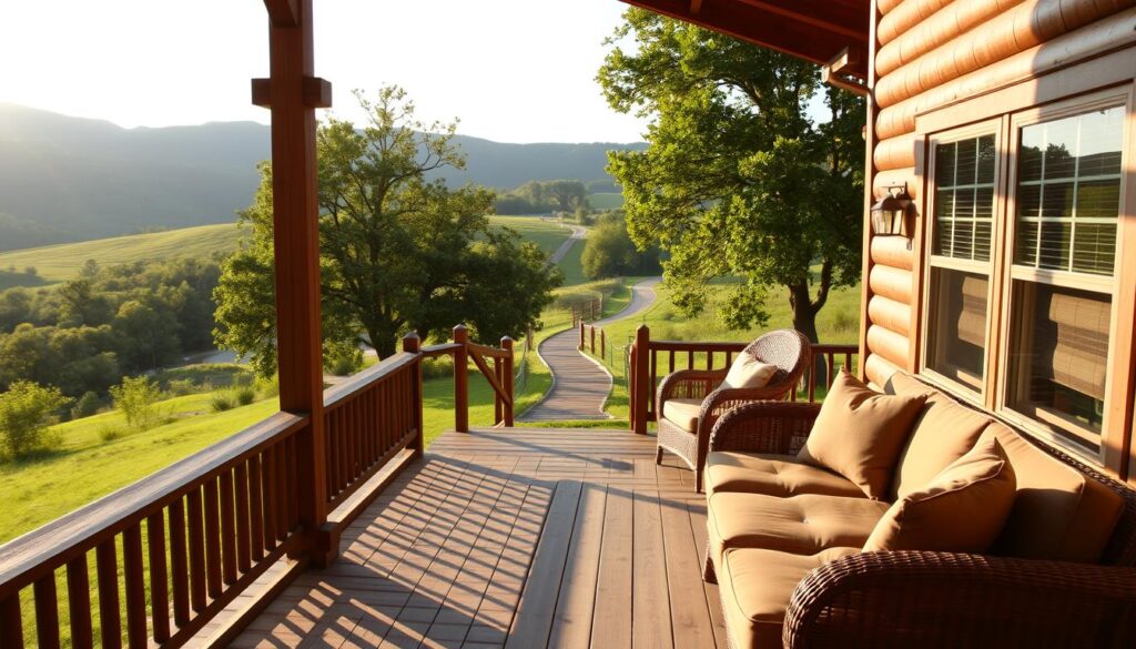 A cozy wooden deck overlooking a lush, verdant landscape in Tennessee. The deck is bathed in warm, golden sunlight, casting a serene and inviting atmosphere. Comfortable patio furniture, such as rattan chairs and a plush sofa, invite visitors to relax and take in the tranquil surroundings. In the background, rolling hills and mature trees create a picturesque backdrop, while a meandering path leads off into the distance, hinting at the peaceful and secluded nature of this private getaway. The overall scene evokes a sense of harmony, relaxation, and a deep connection with the natural beauty of the region.