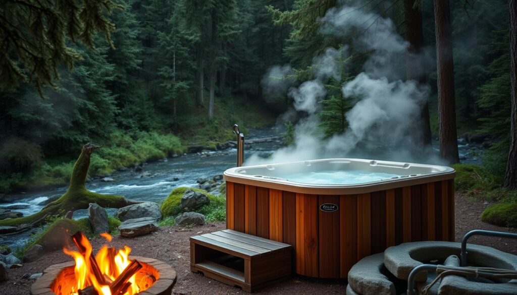 A cozy wooden hot tub nestled in a secluded forest clearing, surrounded by lush evergreens and a gentle stream. Warm steam rises into the cool, crisp air, inviting you to sink into the bubbling waters and unwind after a day of hiking. Soft ambient lighting casts a serene glow, complemented by the flickering flames of a nearby fire pit. The scene exudes a sense of tranquility and connection with nature, perfect for a peaceful retreat in Eastern Washington's stunning landscapes.