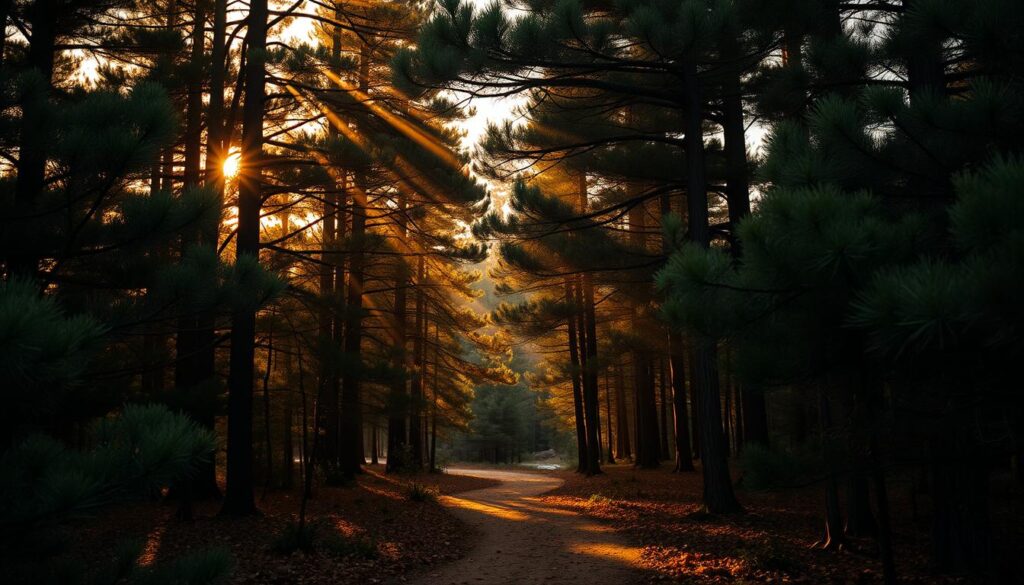 A dense, lush pine forest in the golden hour of dusk. Towering evergreen trees frame the scene, their branches casting dramatic shadows across the forest floor. Rays of warm, amber light filter through the canopy, illuminating a winding, leaf-strewn path leading deeper into the woods. The air is crisp and still, with a hint of earthy, resinous scents. In the distance, the faint sound of a babbling brook adds to the serene, tranquil atmosphere. This peaceful, secluded setting invites the viewer to discover their own treehouse oasis, tucked away in the East Texas pine forests.