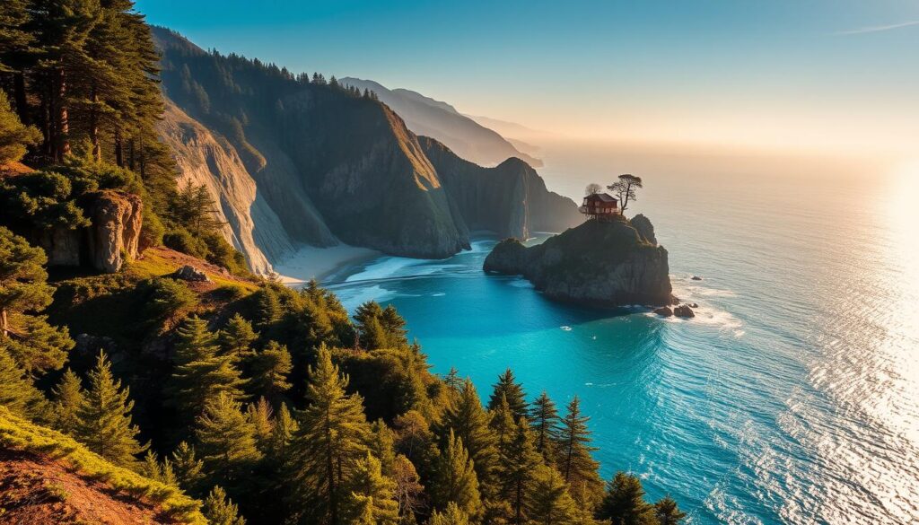 A dramatic coastline of towering cliffs, rugged rock formations, and a vast expanse of turquoise ocean, bathed in warm golden light. In the foreground, a lush, verdant forest cascades down the slopes, with the canopy of ancient redwood trees reaching towards the sky. In the middle distance, a secluded treehouse perches atop a rocky outcrop, blending seamlessly with the natural surroundings. The scene is framed by a wide-angle lens, capturing the grandeur and scale of Big Sur's breathtaking vistas. The mood is one of tranquility, wonder, and a deep connection to the natural world.