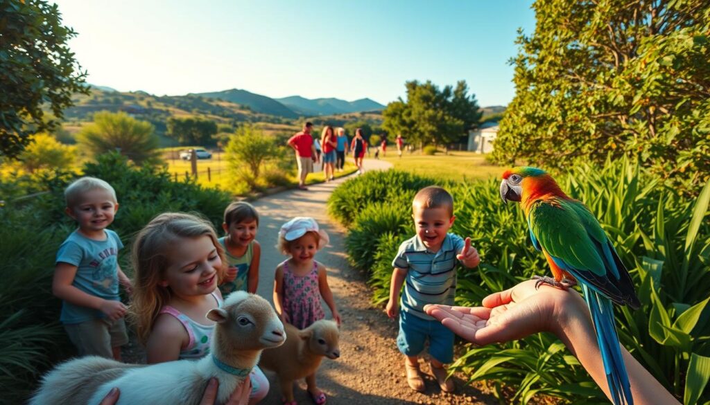 A family-friendly outdoor scene at the Sharkarosa Zoo in North Texas. In the foreground, a group of children excitedly interact with a variety of friendly, approachable animals - perhaps a pygmy goat, a fluffy bunny, and a colorful parrot perched on a hand. In the middle ground, a path winds through lush, verdant foliage, and visitors can be seen observing the animals from a respectful distance. The background features picturesque hills, a clear blue sky, and warm, natural lighting that creates a welcoming, tranquil atmosphere. The overall mood is one of wonder, discovery, and a deep appreciation for the beauty of God's creation.