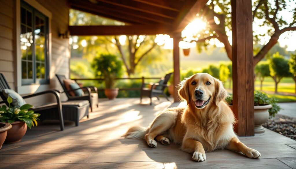 A family's friendly golden retriever relaxing on the patio of a cozy vacation rental nestled among the lush vineyards of California's wine country. Warm afternoon sunlight filters through the surrounding trees, casting a soft, golden glow on the dog's contented expression as it enjoys the peaceful outdoor space. The rental's inviting porch and well-tended garden provide a serene, welcoming atmosphere, perfect for a family getaway with their beloved four-legged companion.