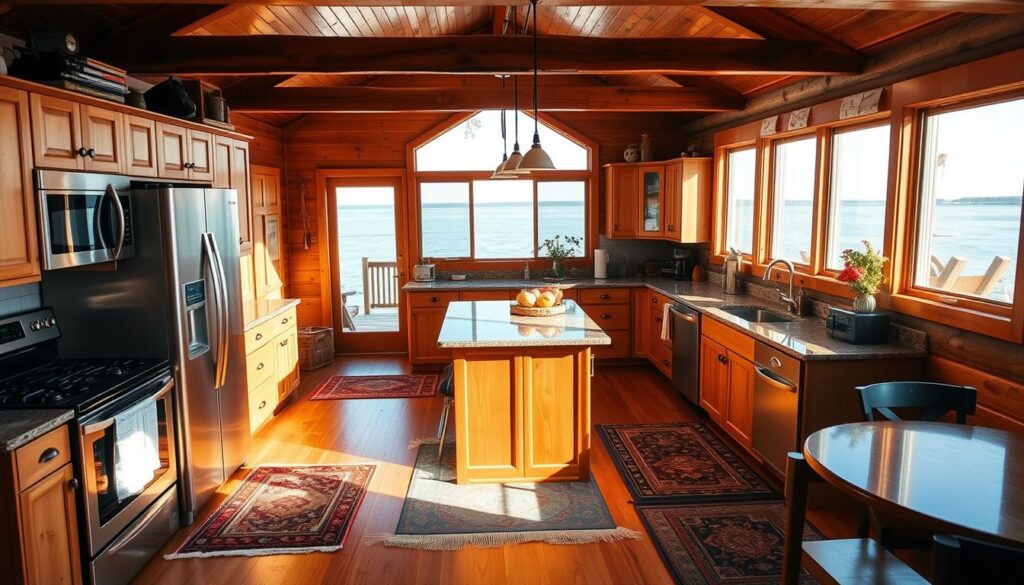 A fully equipped kitchen in a cozy Michigan cottage, bathed in warm, natural light filtering through large windows overlooking the tranquil waters of the Great Lakes. Gleaming hardwood floors and rustic wood beams set the tone, complemented by modern stainless steel appliances, granite countertops, and ample wooden cabinetry. A central island serves as the heart of the space, offering additional prep and dining areas. Plush area rugs, pendant lighting, and decorative accents create a welcoming, homey atmosphere, perfect for preparing meals and entertaining guests against the backdrop of the picturesque lakeside setting.