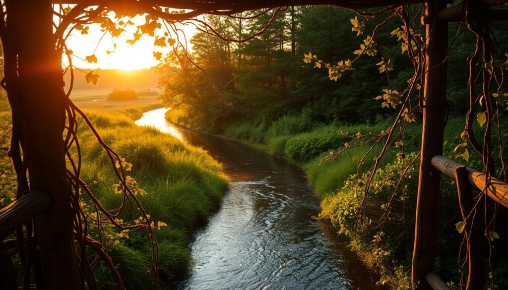 A gently winding river flows through a lush, verdant landscape, its waters reflecting the warm, golden hues of the setting sun. Twisted vines and weathered wooden structures frame the scene, creating a rustic, romantic atmosphere. The camera captures the scene from a low angle, emphasizing the soft, dreamlike quality of the light and the tranquil, almost meditative, mood of the setting. Soft, diffused shadows cast across the scene, adding depth and dimension to the composition. This idyllic, picturesque tableau perfectly captures the essence of the Eastern North Carolina landscape and the peaceful, intimate ambiance of a couple's retreat.
