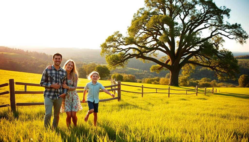 A joyful family of four - two parents and two children - standing in a lush, verdant field, bathed in warm, golden sunlight. The parents, smiling radiantly, embrace their kids, who are playing and laughing. In the middle ground, a wooden fence and a towering oak tree provide a sense of tranquility and connection to nature. The background features rolling hills, a distant forest, and a clear, azure sky, creating an atmosphere of peace and serenity. The overall scene conveys the beauty, love, and togetherness of a family enjoying the outdoors in a faith-based sanctuary.