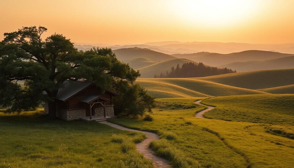 A lush, rolling landscape of verdant hills stretches out beneath a warm, golden sky. In the foreground, a rustic, off-grid cabin nestles amidst towering oak trees, its weathered wood and stone facade blending seamlessly with the natural surroundings. The middle ground features a winding path leading through meadows dotted with wildflowers, inviting the viewer to explore. In the distance, a series of undulating hills rise up, their silhouettes softened by a hazy, atmospheric perspective. The scene is imbued with a sense of tranquility and seclusion, perfectly capturing the essence of an off-grid retreat for soul-searching in the heart of the Texas hill country.