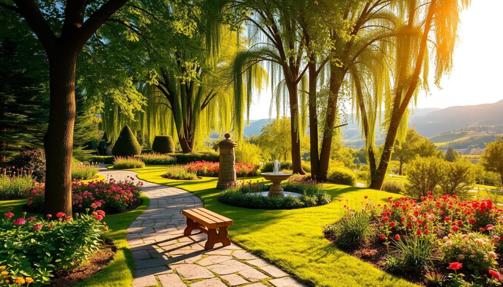 A lush, serene garden bathed in warm, golden sunlight, with a winding stone path leading through a thriving landscape of vibrant flowers, verdant foliage, and a tranquil water feature. Tall, graceful trees provide dappled shade, creating an atmosphere of peaceful contemplation. In the foreground, a simple wooden bench invites visitors to pause, reflect, and connect with the natural world. The mid-ground features a well-tended flowerbed bursting with colorful blooms, while the background showcases a gently rolling hills and a clear, azure sky. The overall scene evokes a sense of tranquility, inviting the viewer to slow down, breathe deeply, and find solace in the beauty of the garden.
