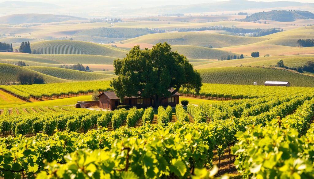 A lush, sprawling vineyard nestled in the rolling hills of California's wine country. In the foreground, rows of verdant grapevines stretch out as far as the eye can see, their leaves gently swaying in the warm breeze. In the middle ground, a charming farmhouse with a weathered, rustic exterior stands amidst a cluster of ancient oak trees, its porch beckoning visitors to relax and savor the tranquil atmosphere. The background is dominated by a panoramic vista of undulating vineyards, punctuated by the occasional winery or barn, all bathed in the soft, golden light of a sun-dappled afternoon. The scene exudes a sense of peaceful, bucolic splendor, inviting the viewer to imagine a serene, authentic stay amidst the heart of California's celebrated wine country.