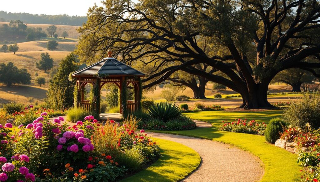 A lush, tranquil garden nestled in the rolling hills of Fredericksburg, Texas. In the foreground, a meandering path winds through a vibrant tapestry of blooming flowers and verdant foliage, inviting visitors to stroll and bask in the serene atmosphere. The middle ground features a charming gazebo, its wooden structure adorned with trailing vines and delicate blossoms, creating a picturesque focal point. In the background, a gently sloping landscape is dotted with mature oak trees, their branches casting dappled shadows across the scene. The lighting is soft and warm, evoking a sense of peaceful repose, as if time has slowed to a tranquil pace. This idyllic garden oasis, a harmonious blend of nature's beauty and thoughtful design, offers faith-based travelers a restorative respite during their stay at the nearby Onera retreat.