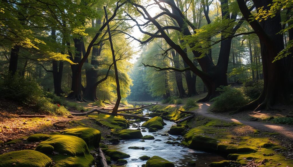 A lush, verdant forest canopy draped in soft, golden light filters down onto a serene, meandering creek. In the foreground, moss-covered rocks and fallen logs create a natural, tranquil setting. Towering, ancient trees line the banks, their branches reaching skyward, casting gentle shadows across the scene. A small footpath winds through the undergrowth, inviting exploration of this enchanting, well-tended landscape. The air is crisp and clean, filled with the soothing sounds of birdsong and the gentle flow of water. This is a place of quiet contemplation, where the beauty of the land and the care of its stewards converge to create a truly restorative experience.