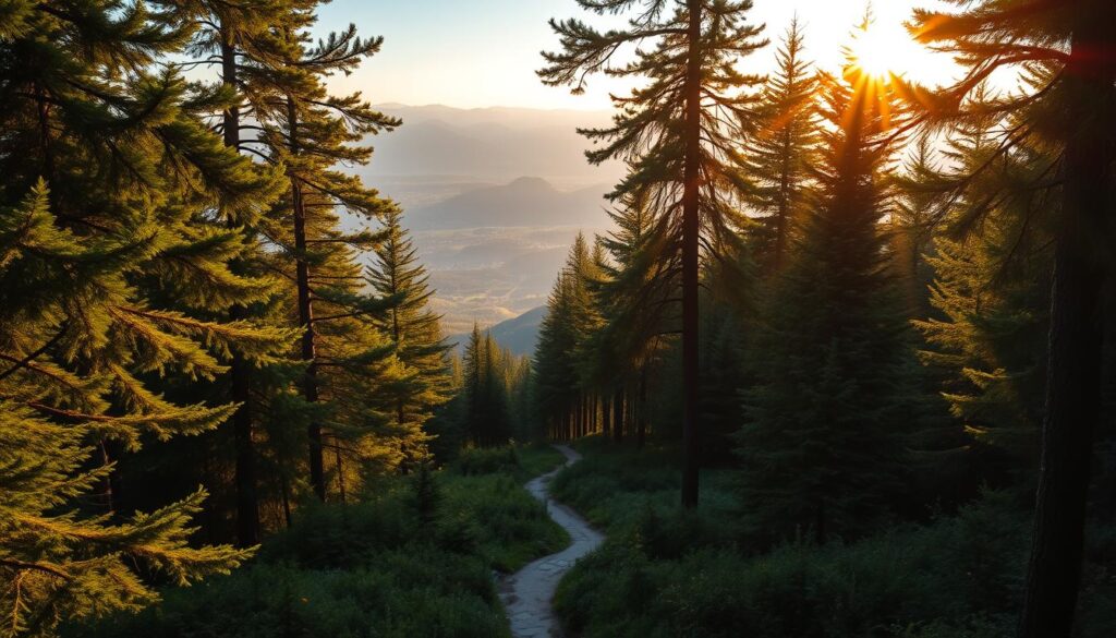 A lush, verdant forest stretches out before the viewer, bathed in the warm, golden glow of the setting sun. Towering evergreen trees, their branches reaching skyward, frame the scene, casting long shadows across the forest floor. In the middle ground, a winding trail meanders through the undergrowth, inviting the viewer to explore the serene natural beauty. The background is dominated by a panoramic vista of rolling hills and distant peaks, shrouded in a soft, hazy blue mist. The overall atmosphere is one of tranquility and wonder, a natural oasis that perfectly embodies the ethos of a cozy, nature-inspired treehouse retreat.