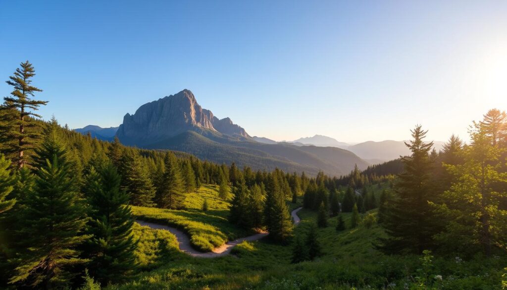 A lush, verdant landscape unfolds in the Pisgah National Forest, where towering mountains rise majestically against a clear, azure sky. Winding trails meander through the serene wilderness, flanked by towering pines and vibrant undergrowth. Dappled sunlight filters through the canopy, casting a warm, golden glow over the scene. In the distance, rugged peaks pierce the horizon, their jagged silhouettes reflecting the untamed beauty of this secluded mountain haven. The overall atmosphere evokes a sense of tranquility and connection with nature, inviting the viewer to immerse themselves in the awe-inspiring wonder of this picturesque retreat.