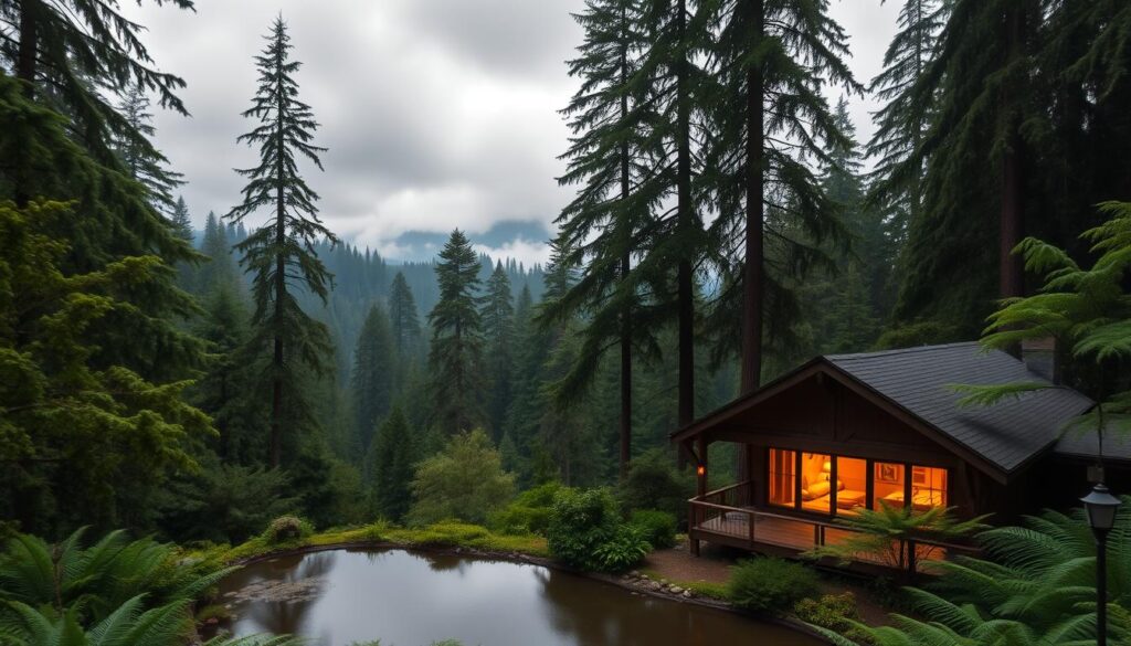 A lush, verdant rainforest retreat nestled in the heart of the Pacific Northwest. The foreground features a cozy cabin with warm, inviting lighting spilling out from its windows, surrounded by a tranquil pond and a carpet of ferns. In the middle ground, towering evergreen trees reach up towards the overcast, softly-lit sky, their branches gently swaying. The background is filled with a misty, dreamlike landscape of rolling hills and distant mountain peaks, creating a sense of seclusion and escape. The overall atmosphere is one of serenity, balance, and harmony with nature, perfectly capturing the essence of a rejuvenating rainforest retreat.