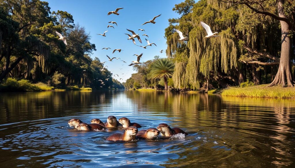 A lush, verdant riverside scene along the Pascagoula River in Mississippi. In the foreground, a family of otters playfully splashing in the gentle current, their sleek bodies glistening in the warm sunlight. In the middle ground, towering cypress trees draped in Spanish moss line the riverbanks, their reflection mirrored in the calm, glass-like waters. In the background, a flock of egrets takes flight, their pure white wings beating against a brilliant blue sky. The atmosphere is one of tranquility and natural wonder, inviting the viewer to immerse themselves in the serene outdoor adventure of the Pascagoula River.
