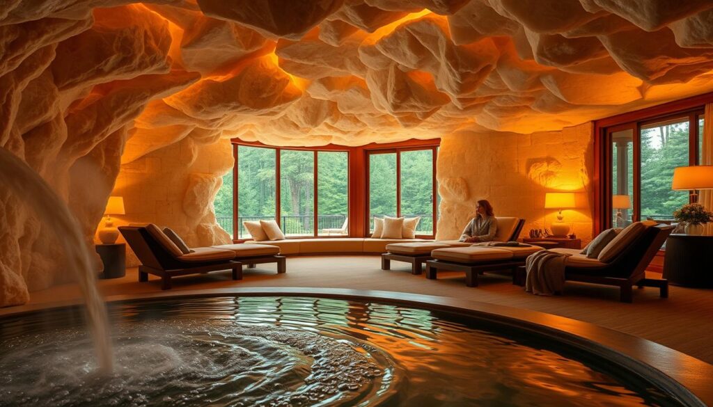 A luxurious salt cave nestled in the lush Smoky Mountains of North Carolina. Warm, diffused lighting casts a cozy glow over the large, irregularly shaped salt blocks that line the walls and ceiling. A soothing mist permeates the air, while plush recliners invite guests to relax and unwind. In the foreground, a tranquil water feature bubbles softly, its gentle sounds complementing the serene atmosphere. The middle ground showcases elegant wooden accents and soft textiles, creating an ambiance of rustic sophistication. The background reveals verdant forest views through expansive windows, connecting the indoors to the picturesque natural landscape beyond.