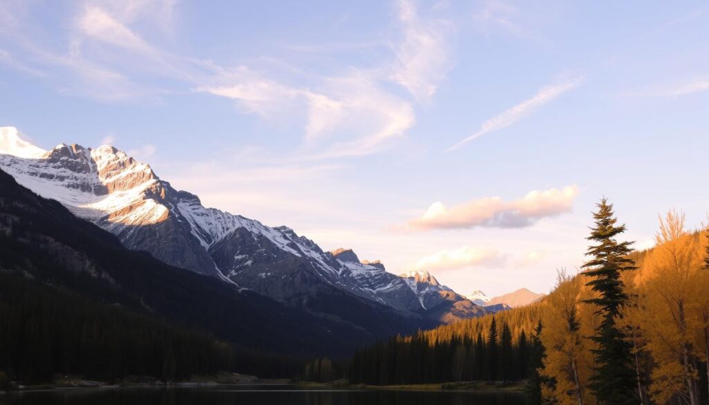 A majestic Colorado mountain landscape at sunset, with rugged snow-capped peaks rising into a warm, golden sky. In the foreground, a lush, evergreen forest casts long shadows across a tranquil alpine lake, its still waters reflecting the mountain's grandeur. Wispy clouds drift lazily overhead, while a gentle breeze rustles the aspen trees, their golden leaves shimmering in the fading light. The scene exudes a serene, peaceful atmosphere, inviting the viewer to escape the hustle and bustle of daily life and immerse themselves in the natural beauty of this mountain getaway.