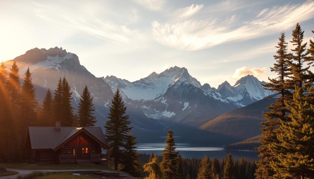 A majestic Rocky Mountain landscape bathed in golden hour light. In the foreground, a cozy log cabin nestled amidst towering pine trees, its warm glow inviting visitors to step inside and find respite. Beyond, rugged snow-capped peaks pierce the sky, their jagged silhouettes reflected in a serene mountain lake. Wispy clouds drift overhead, casting delicate shadows across the serene scene. An aura of tranquility and spiritual renewal permeates the air, beckoning the viewer to immerse themselves in the restorative power of this remote, pristine haven.