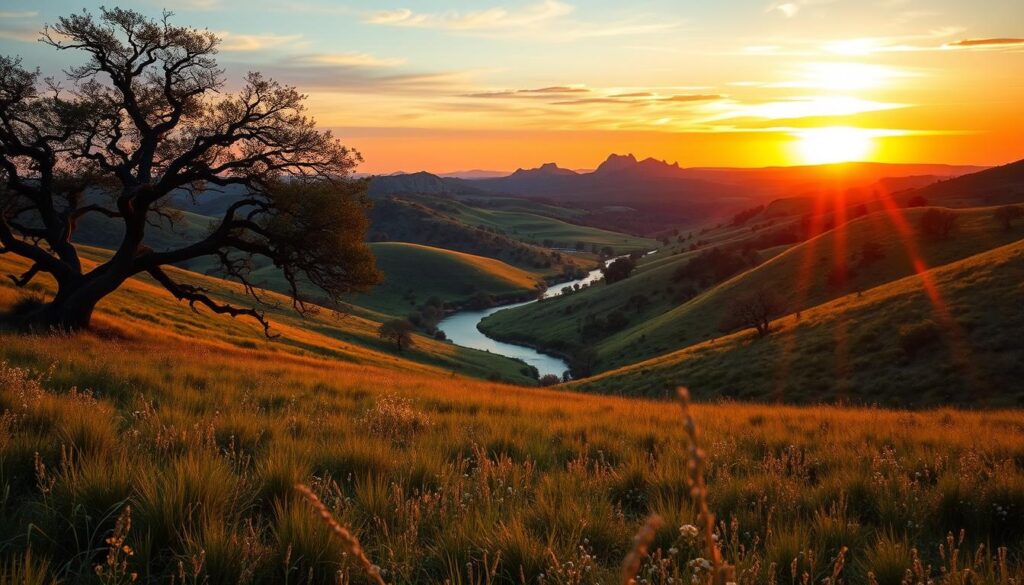 A majestic hill country landscape, bathed in the warm glow of the setting sun. In the foreground, rolling hills covered in lush, verdant grasses and wildflowers sway gently in the breeze. Gnarled oak trees dot the scene, their twisted branches casting long shadows across the undulating terrain. In the middle ground, a winding creek meanders through the valley, its glimmering waters reflecting the vibrant hues of the sky. In the distance, a range of rugged, weathered hills rise up, their jagged silhouettes standing in stark contrast against the fiery orange and pink hues of the horizon. The scene exudes a sense of tranquility and timelessness, inviting the viewer to pause and immerse themselves in the natural beauty of the Texas hill country.