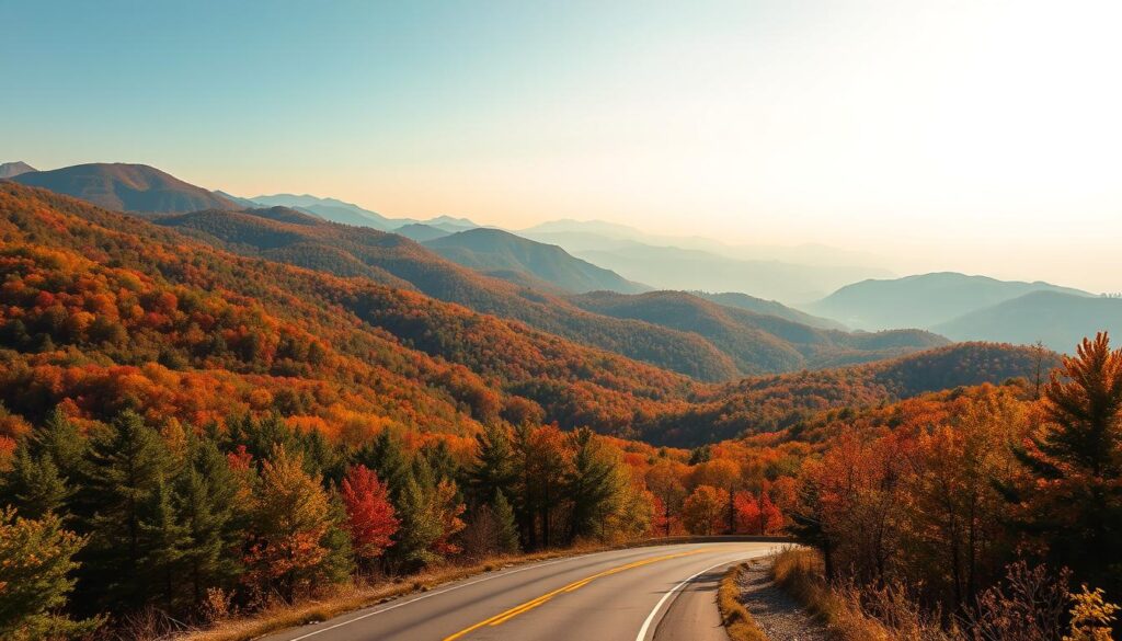 A majestic mountain landscape along the Blue Ridge Parkway in western North Carolina. In the foreground, a winding asphalt road snakes through lush, verdant forests, leading the eye towards a distant horizon. Midground features rolling hills and peaks, their slopes cloaked in a tapestry of autumn foliage in vibrant shades of red, orange, and gold. The background is dominated by the iconic Blue Ridge Mountains, their silhouettes fading into a hazy, azure sky. Warm, diffused sunlight filters through the canopy, casting a soft, golden glow over the entire scene. The overall atmosphere is one of serene, natural beauty and adventure, inviting the viewer to explore the stunning wilderness of the Appalachian highlands.