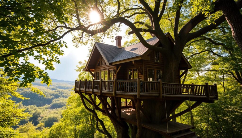 A majestic treehouse nestled amidst a lush, verdant forest canopy. Sunlight filters through the leaves, casting a warm, golden glow on the rustic wooden structure. The treehouse's large windows offer breathtaking views of the surrounding nature, with rolling hills and a babbling brook in the distance. A cozy porch with a wooden swing invites guests to relax and take in the serene atmosphere. The treehouse's design seamlessly blends with the natural landscape, creating a sense of enchantment and escape. Wispy clouds drift overhead, completing the tranquil, fairytale-like scene.