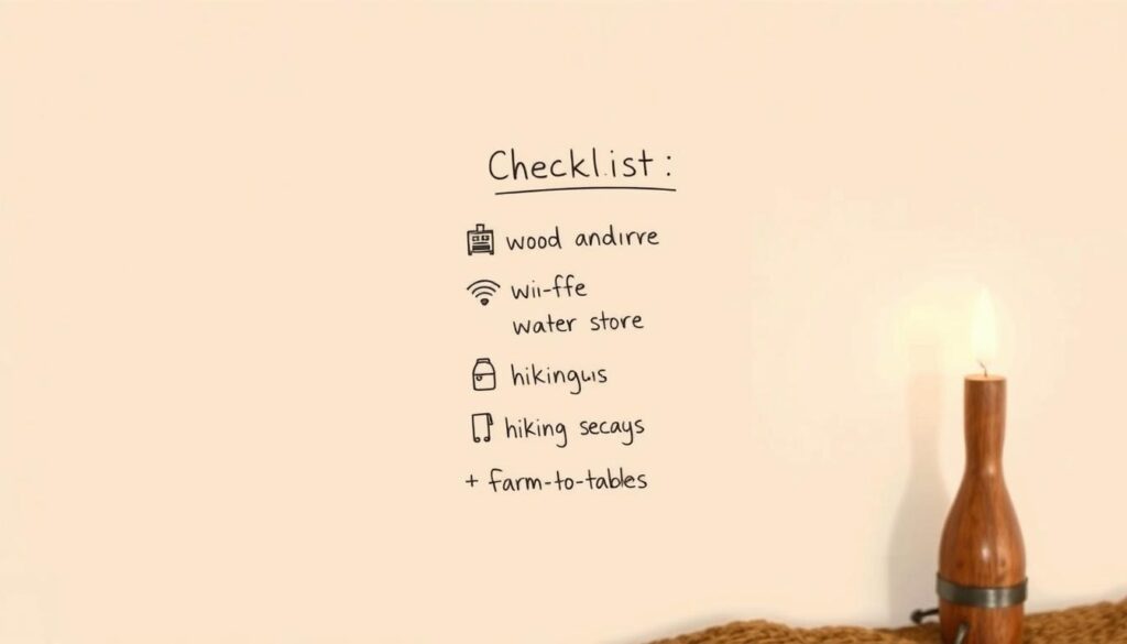 A minimalist, hand-drawn style checklist against a neutral, earthy background. The checklist items are simple icons representing essential amenities one might expect at a rustic, off-the-grid retreat - a cozy bed, a wood-burning stove, a fresh water source, Wi-Fi connectivity, hiking trails, outdoor recreation gear, and farm-to-table meals. The layout is clean and uncluttered, with ample white space to draw the viewer's eye to the key details. Soft, warm lighting illuminates the scene, conveying a sense of comfort and seclusion. The overall mood is one of tranquility and rejuvenation, reflecting the spirit of an unplugged getaway in Alabama's Black Belt region.