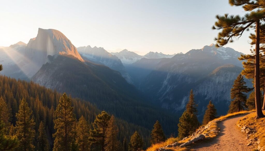 A panoramic mountain view in Yosemite National Park, California. Majestic granite peaks rise majestically in the background, capped with pristine snow. Evergreen forests cover the rolling foothills in the middle ground, their verdant hues contrasting with the rugged rock formations. In the foreground, a well-worn hiking trail winds through the landscape, inviting the viewer to step into the scene and explore the iconic sights and trails that Yosemite is renowned for. Warm, golden sunlight filters through the trees, casting a serene, soulful atmosphere over the entire vista.