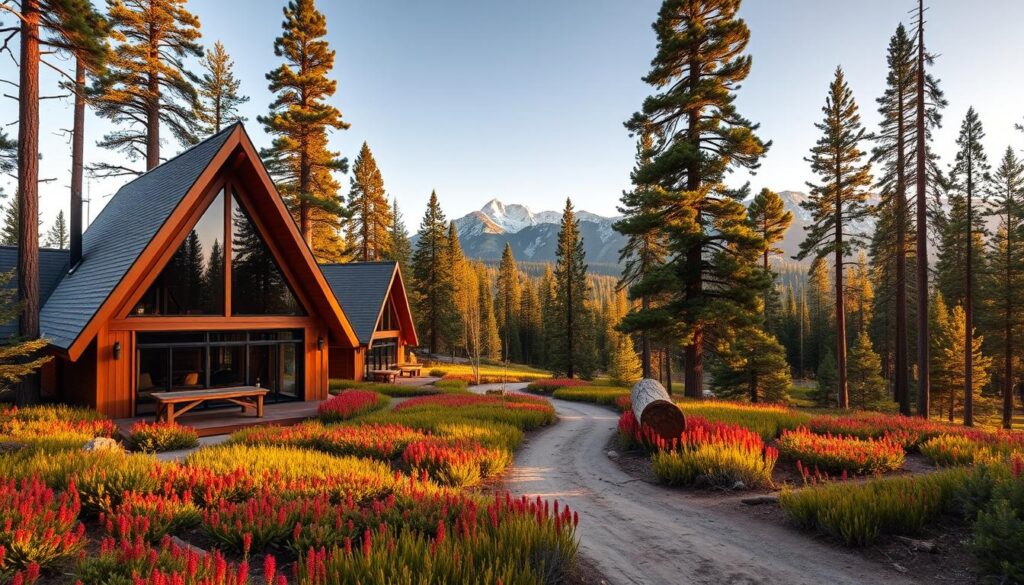 A panoramic view of the Tahoe National Forest, showcasing the iconic A-frame cabins nestled amongst the towering pines. The foreground features a well-crafted A-frame with clean lines and large windows, inviting natural light to flood the interior. In the middle ground, a winding dirt path leads through the lush, evergreen forest, with vibrant undergrowth and fallen logs adding depth and texture. The background is dominated by the majestic Sierra Nevada mountains, their snow-capped peaks gleaming under the warm, golden hour sunlight. The overall scene exudes a sense of tranquility, inviting the viewer to immerse themselves in the serene, design-forward atmosphere of the Tahoe cabins.
