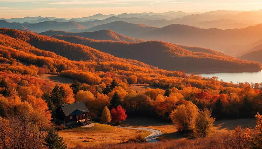 A panoramic vista of the majestic Blue Ridge Mountains, the undulating peaks cloaked in a tapestry of vibrant autumnal hues. In the foreground, a picturesque cabin nestled amidst a forest of towering trees, their leaves ablaze with shades of gold, orange, and crimson. The mid-ground reveals a winding path leading through a meadow, inviting the viewer to explore the serene landscape. In the distance, the mountains rise majestically, their silhouettes mirrored in a tranquil lake, creating a reflection that amplifies the sense of calm and contemplation. The scene is bathed in the warm, golden glow of the autumn sun, casting a soft, diffused light that enhances the rich, earthy tones and evokes a feeling of peaceful solitude.