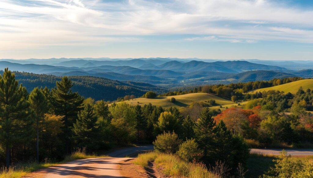 A panoramic western North view of the rolling Appalachian hills surrounding Asheville, North Carolina. In the foreground, a lush forest of pine, oak, and maple trees casts gentle shadows across a winding dirt road. The middle ground reveals gently sloping meadows dotted with wildflowers, leading to a range of distant, hazy blue mountains on the horizon. The scene is bathed in warm, golden afternoon light, with wispy clouds drifting overhead. The composition captures the serene, pastoral beauty of the Asheville region, inviting the viewer to explore its natural wonders.