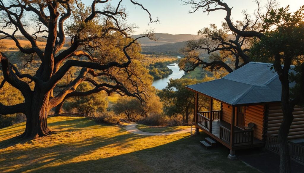 A peaceful cabin nestled in the lush, rolling hills of the Texas Hill Country. The exterior features warm, weathered wood siding and a broad, welcoming porch. The landscape is dotted with gnarled oak trees, their branches casting dappled shadows on the ground. In the distance, a gently winding creek reflects the golden light of the setting sun. The atmosphere is serene and tranquil, inviting the viewer to pause, unwind, and let their creative spirit soar. The scene is captured with a wide-angle lens, emphasizing the picturesque setting and the sense of escape from the outside world.
