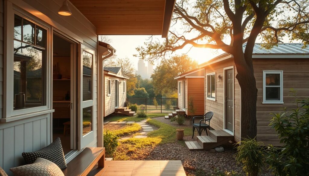 A peaceful enclave nestled in the heart of Austin, TX, where tiny homes stand as serene sanctuaries. Warm sunlight filters through large windows, casting a soft glow on minimalist interiors adorned with natural textures and soothing colors. In the foreground, a cozy porch invites contemplation, while in the middle ground, a lush garden provides a tranquil oasis. Beyond, the city skyline whispers of the vibrant energy that surrounds this tranquil tiny living scene. A cinematic wide-angle lens captures the harmonious balance between the diminutive dwellings and their serene surroundings, evoking a sense of stillness and simplicity.