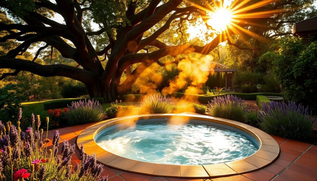 A peaceful outdoor hot tub nestled in a lush, verdant garden in Sonoma County, California. The tub is surrounded by terracotta tiles and flanked by vibrant flower beds and fragrant lavender bushes. Warm, golden light filters through the canopy of ancient oak trees, casting a soft, inviting glow. Steam rises from the bubbling water, beckoning visitors to sink in and unwind. The serene, natural setting evokes a sense of tranquility and restoration, perfectly complementing the luxurious amenities of a wine country retreat.