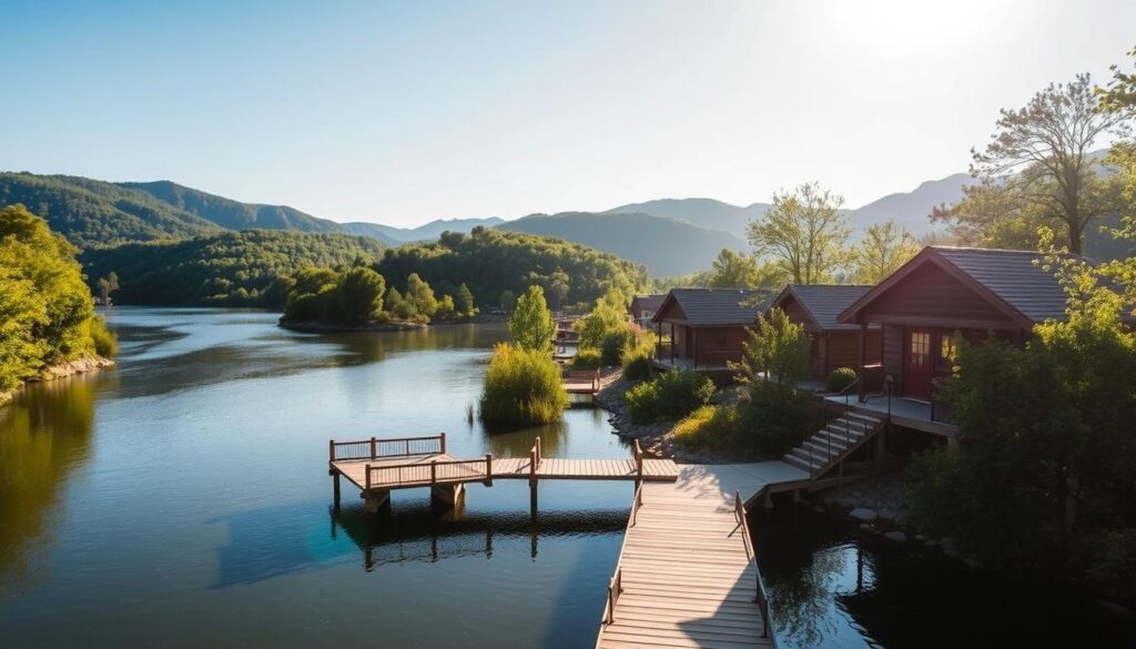 A peaceful river winding through lush, verdant hills, with a cluster of cozy, charming riverfront cabins nestled along the banks. Sunlight filters through the trees, casting a warm, golden glow on the scene. A wooden dock extends into the calm, glistening waters, inviting visitors to sit and take in the serene atmosphere. In the background, rolling mountains rise, their silhouettes reflected in the river's mirror-like surface. The cabins, adorned with rustic details and surrounded by native foliage, evoke a sense of tranquility and connection with nature. This idyllic riverside retreat offers a perfect escape for those seeking a peaceful getaway in the heart of Tennessee's picturesque countryside.