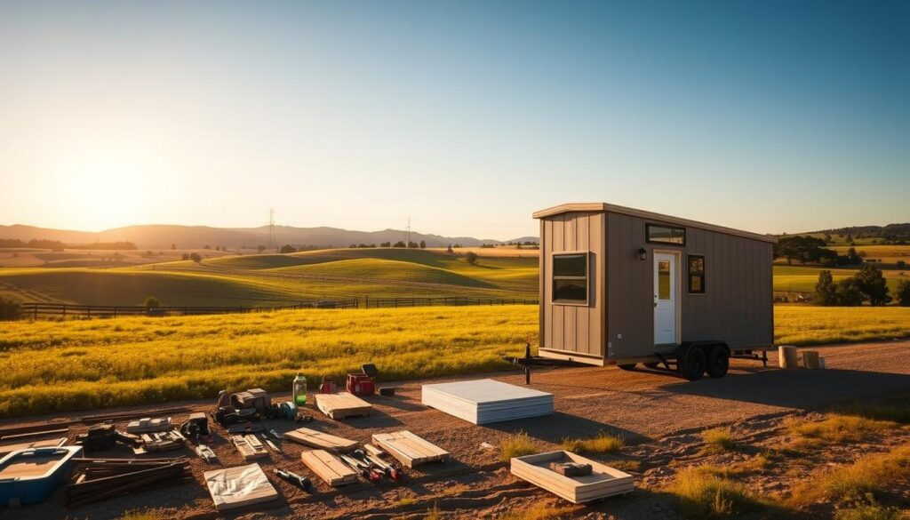 A peaceful rural landscape in central Texas, bathed in warm, golden afternoon light. In the foreground, a neatly arranged setup for delivering and assembling a prefabricated tiny home, with tools, materials, and a sleek, modern-looking structure waiting to be installed. The middle ground features a gently rolling, grassy meadow dotted with wildflowers, while the background showcases the silhouettes of distant hills and a cloudless, azure sky. The scene conveys a sense of tranquility, efficiency, and harmony between the built environment and the natural surroundings.