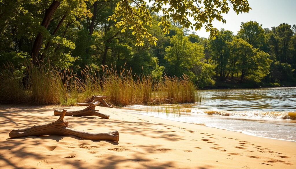 A peaceful, sun-dappled Lake Huron beachfront, with soft, golden sand and gentle waves lapping at the shore. In the foreground, a few sun-bleached driftwood logs lie scattered, inviting visitors to sit and soak in the tranquil atmosphere. In the middle ground, tall, swaying reeds and grasses create a natural border, leading the eye towards the sparkling water of the lake. The background is dominated by a dense, verdant forest, its canopy of lush, green leaves casting soft, dappled shadows across the scene. The lighting is warm and golden, with a soft, hazy quality that evokes the serene, relaxing mood of the location. Overall, the image conveys a sense of quiet solitude and natural beauty, perfectly capturing the essence of a peaceful, on-the-water retreat near the North Country.