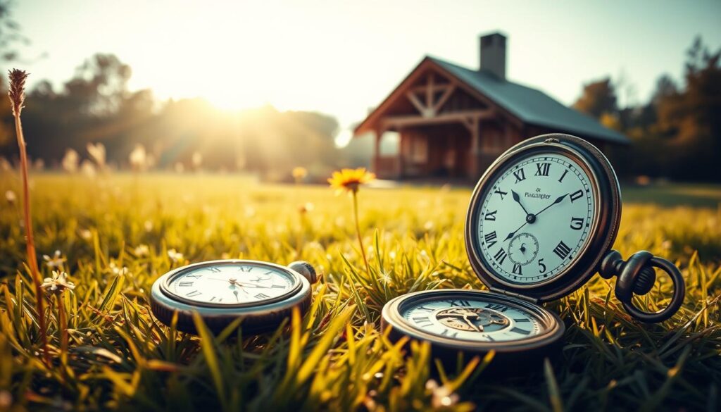 A peaceful, sun-dappled meadow in the early morning, with a rustic wooden bungalow nestled in the background. In the foreground, a vintage pocket watch lies open, its intricate gears and mechanisms glinting in the soft light. The watch's hands seem to pause, capturing a moment of tranquility and timelessness. The scene conveys a sense of unhurried leisure, inviting the viewer to step away from the rush of everyday life and savor the present. Warm, golden tones and a soft, hazy atmosphere create a romantic, nostalgic mood, perfectly suited for a weekend getaway.