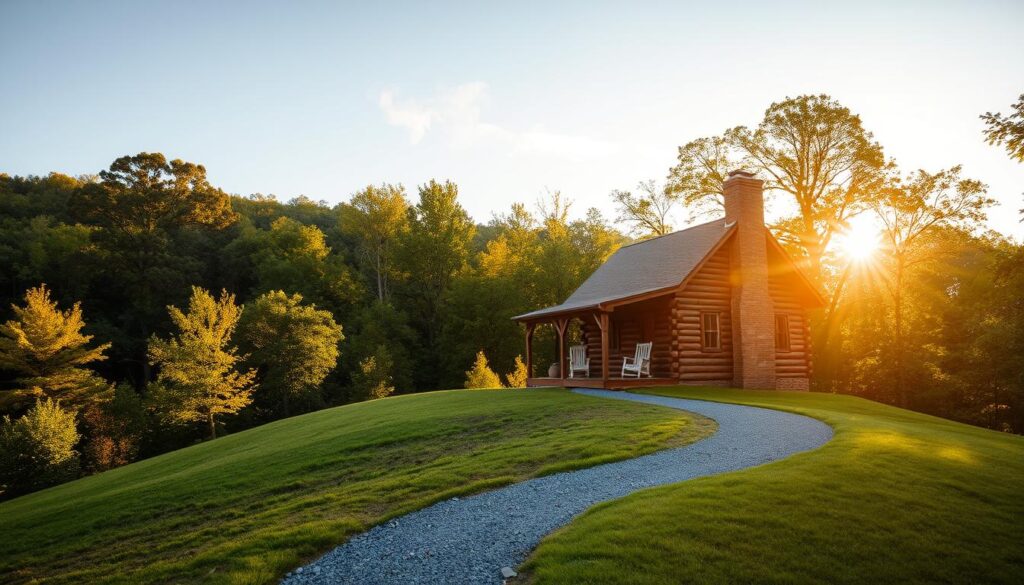 A peaceful, sunlit cabin nestled in the lush Tennessee wilderness. The quaint structure sits atop a gentle knoll, surrounded by a verdant forest of towering oaks and maples. Warm, soft light filters through the windows, casting a cozy glow over the rustic interior. Wisps of smoke curl from the chimney, hinting at a crackling fireplace within. In the foreground, a winding gravel path leads to the cabin's front porch, where a pair of rocking chairs invite you to pause and take in the tranquil scene. The whole landscape conveys a sense of quiet retreat, a perfect haven for a weekend getaway.