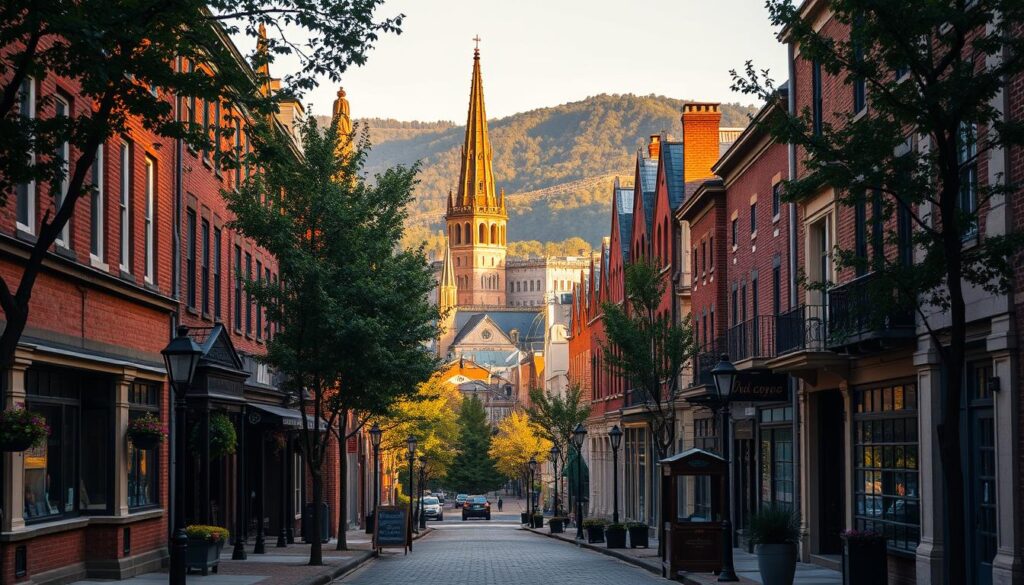 A picturesque Birmingham downtown bathed in warm, golden afternoon light. Rows of historic brick and stone buildings line the tree-shaded streets, their architecture a harmonious blend of Victorian and modern styles. In the foreground, a quiet cobblestone lane leads past charming local shops and cafes, their facades adorned with colorful flower boxes and quaint signage. In the middle ground, the iconic spire of a grand cathedral rises above the rooftops, its stained glass windows glowing. The background is framed by distant rolling hills, their slopes covered in lush, verdant foliage. The overall scene exudes a sense of tranquility and timeless elegance, perfectly capturing the romantic ambiance of this vibrant yet peaceful urban oasis.