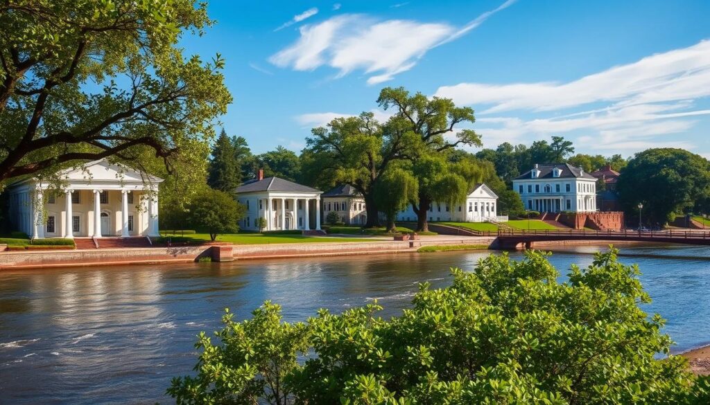 A picturesque Mississippi town nestled along the mighty Mississippi River, Natchez is a captivating blend of antebellum architecture and natural splendor. Set against a backdrop of lush greenery, capture the stately columned mansions and grand historic homes, their white facades gleaming in the warm Southern sunlight. In the foreground, the majestic river winds its way through the landscape, its tranquil waters reflecting the stunning riverfront scenery. Framed by towering trees and a vibrant blue sky, this serene scene evokes the timeless elegance and charm of the American South. Use a wide-angle lens to showcase the full grandeur of this must-visit destination, with a soft, dreamy focus that enhances the romantic, nostalgic atmosphere.