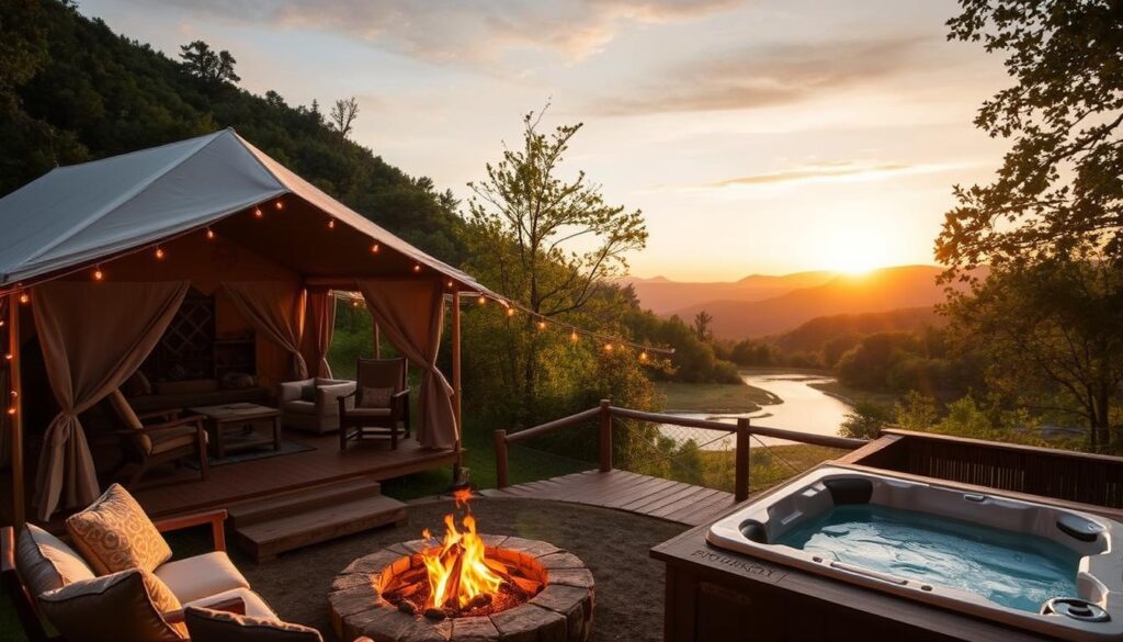 A picturesque Western North Carolina glamping scene, nestled amidst verdant forests and rolling hills. In the foreground, a luxurious canvas-topped tent with plush furnishings, adorned with warm string lights. Nearby, a crackling fire pit surrounded by comfortable lounge chairs, casting a cozy glow. The middle ground features a wooden deck with a hot tub, overlooking a serene creek. In the distance, a majestic mountain range silhouetted against a golden sunset sky, illuminated by soft, diffused natural lighting. The overall atmosphere evokes a harmonious blend of rustic charm and modern comforts, perfect for an elevated outdoor adventure.