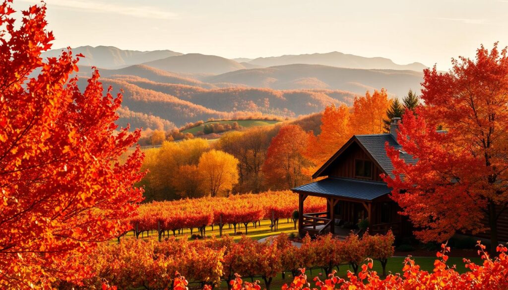 A picturesque autumn scene in the rolling hills of Dahlonega, Georgia. In the foreground, a cozy winery nestled among vibrant red and gold foliage, its rustic wooden facade and charming porch beckoning visitors. The middle ground features rows of lush grape vines, their leaves turning to rich hues. In the background, a panoramic view of the surrounding mountains, their peaks capped with a dusting of early snow. Warm, soft lighting filters through the trees, creating a golden glow and inviting atmosphere. A tranquil, serene landscape, perfect for a peaceful, cozy fall getaway. A picturesque autumn scene in the rolling hills of Dahlonega, Georgia. In the foreground, a cozy winery nestled among vibrant red and gold foliage, its rustic wooden facade and charming porch beckoning visitors. The middle ground features rows of lush grape vines, their leaves turning to rich hues. In the background, a panoramic view of the surrounding mountains, their peaks capped with a dusting of early snow. Warm, soft lighting filters through the trees, creating a golden glow and inviting atmosphere. A tranquil, serene landscape, perfect for a peaceful, cozy fall getaway.