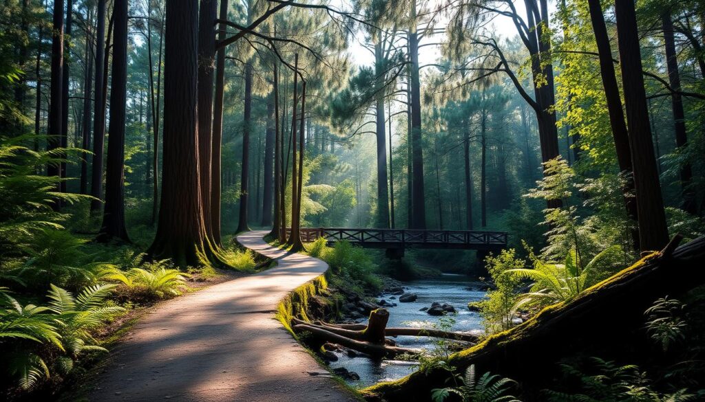 A picturesque forest trail winds through the lush greenery of the Yankeetown Nature Coast State Trail. Towering pine trees line the path, their branches casting dappled shadows on the ground below. The trail meanders alongside a gentle stream, its clear waters reflecting the surrounding foliage. Sunlight filters through the canopy, illuminating the scene with a warm, golden glow. Vibrant ferns and mossy logs dot the forest floor, creating a serene and tranquil atmosphere. In the distance, a wooden bridge spans the stream, inviting hikers to explore further into the enchanting Withlacoochee Forest.